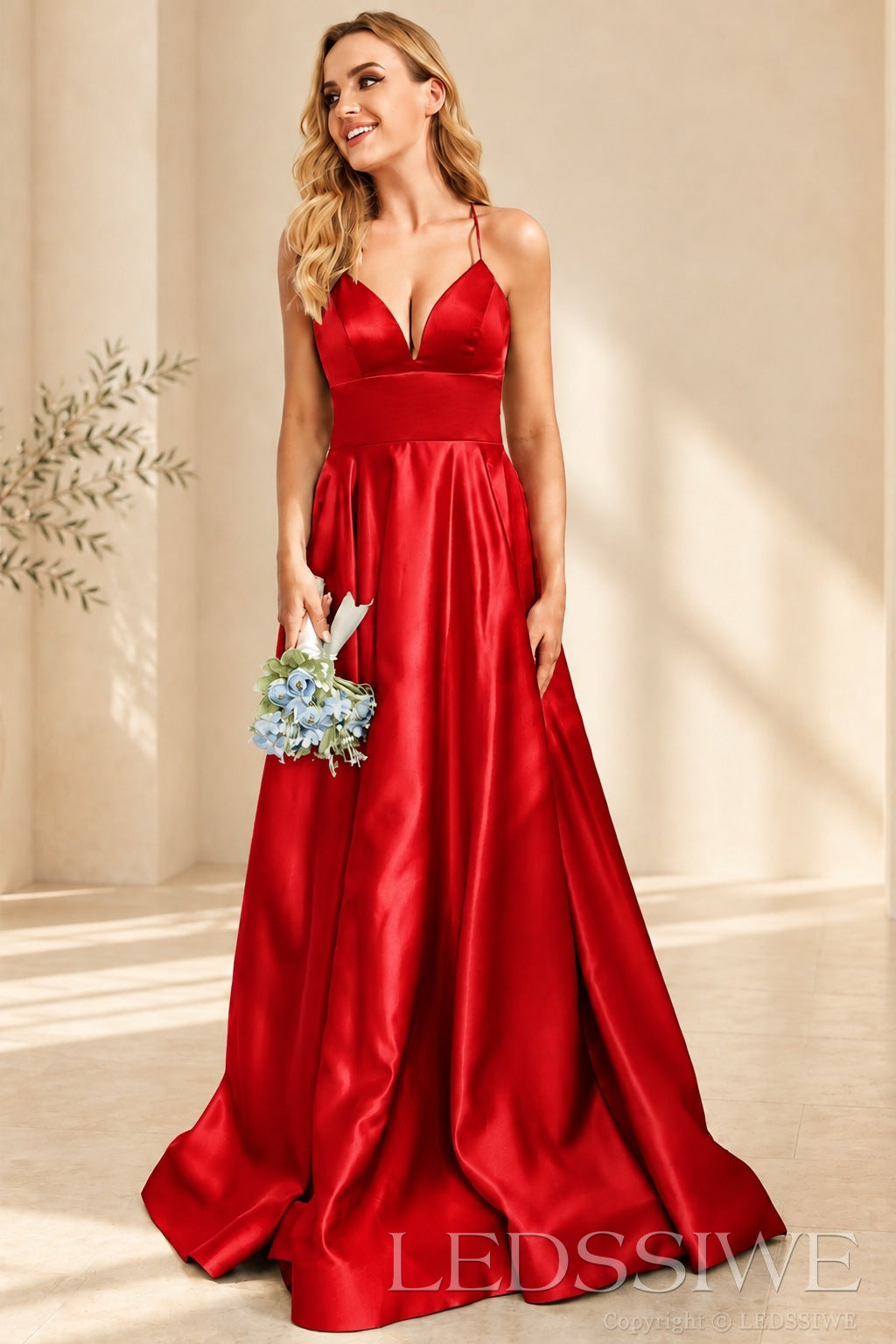 Red spaghetti strap satin a-line prom dress with lace-up back
