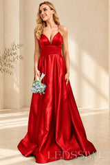 Red spaghetti strap satin a-line prom dress with lace-up back