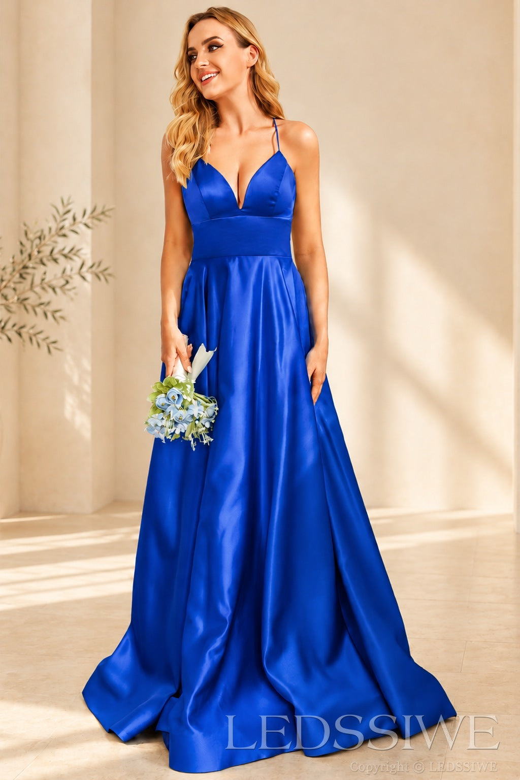 Royal-Blue spaghetti strap satin a-line prom dress with lace-up back