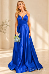 Royal-Blue spaghetti strap satin a-line prom dress with lace-up back