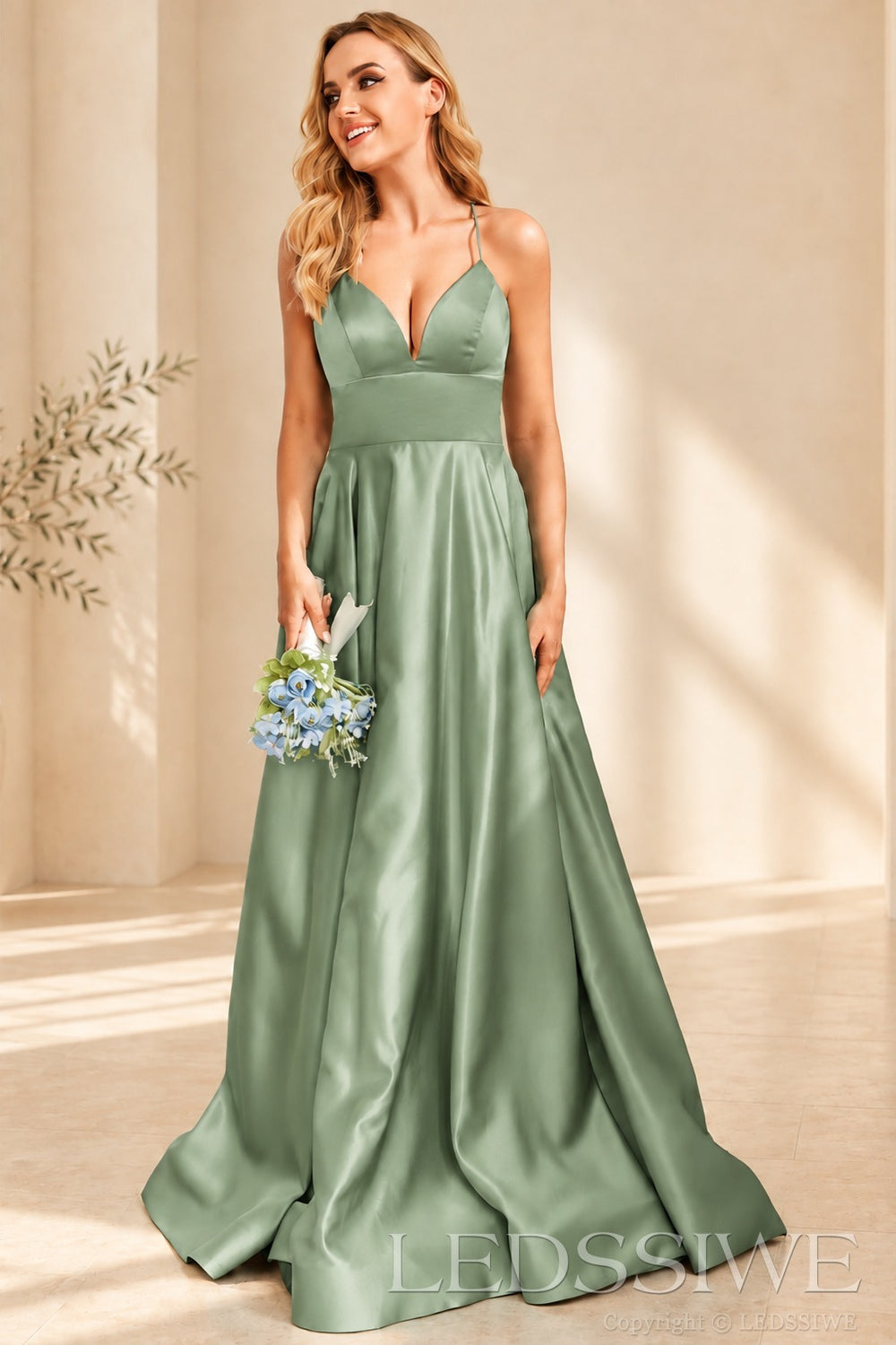 Sage spaghetti strap satin a-line prom dress with lace-up back