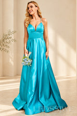 Black spaghetti strap satin a-line prom dress with lace-up back front view