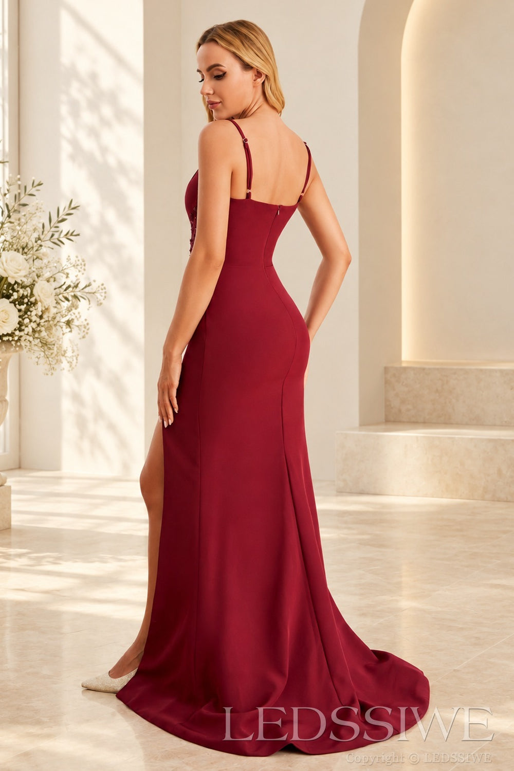 Burgundy spaghetti strap sweetheart satin sheath prom dress with slit side view