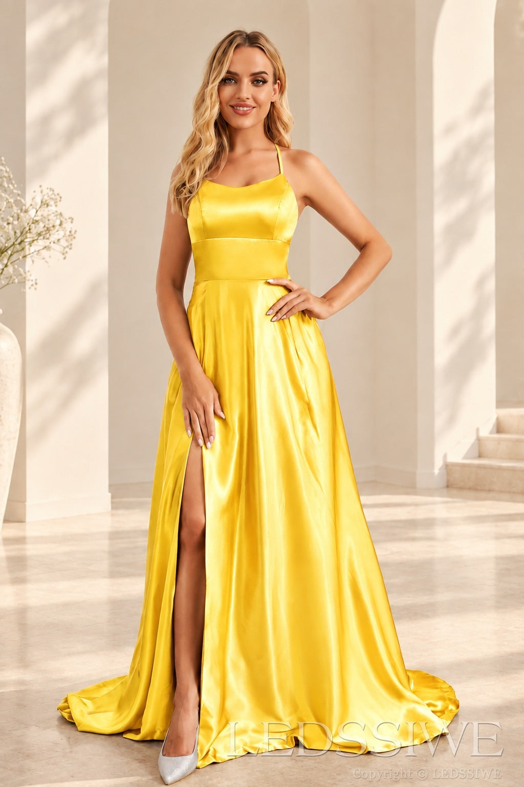 Daffodil satin a-line prom dress with lace-up open back and slit
