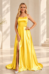 Daffodil satin a-line prom dress with lace-up open back and slit