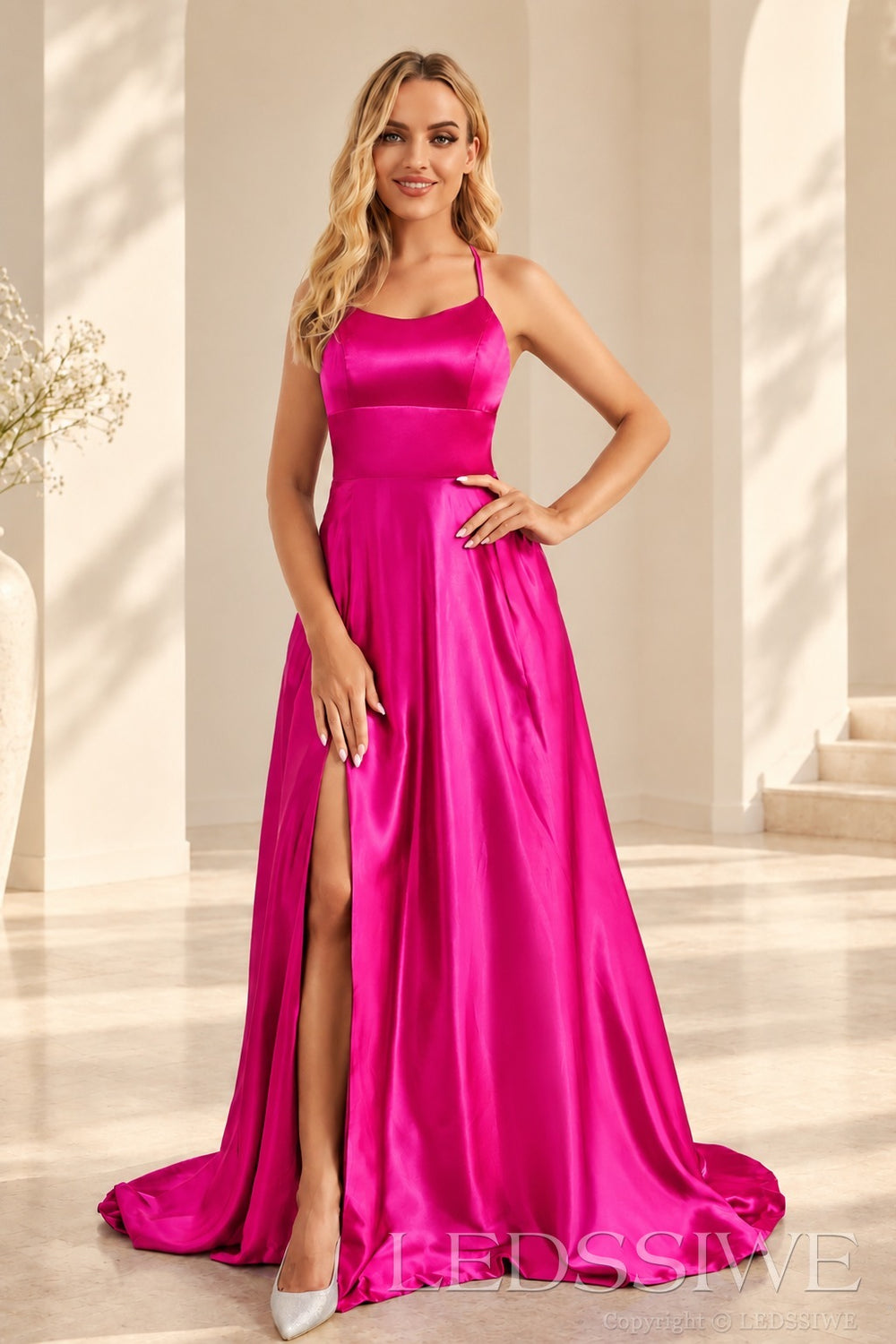 Fuchsia satin a-line prom dress with lace-up open back and slit