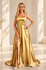 Gold satin a-line prom dress with lace-up open back and slit