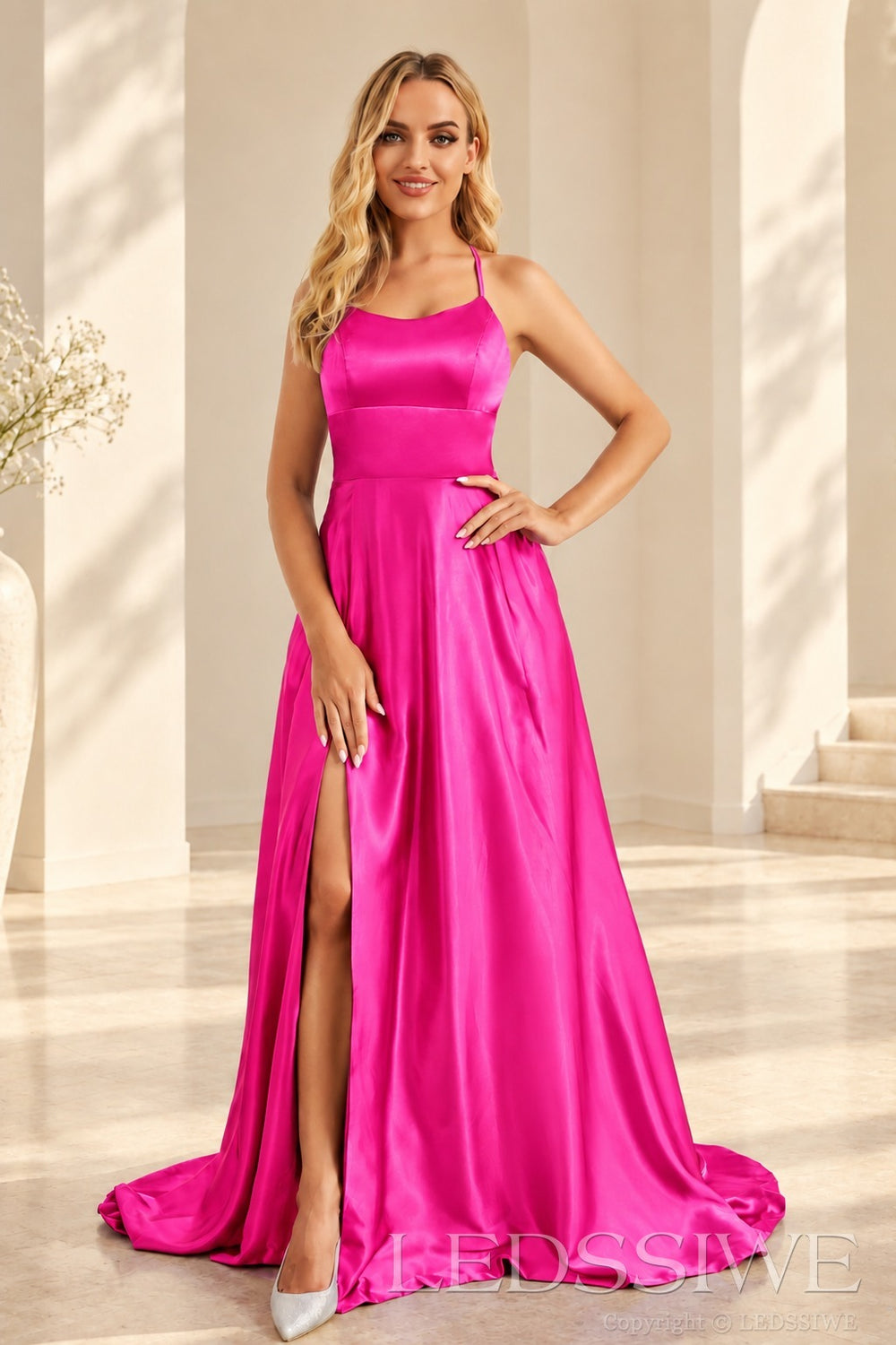 Hot-Pink satin a-line prom dress with lace-up open back and slit