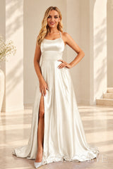 Ivory satin a-line prom dress with lace-up open back and slit