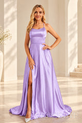 Lavender satin a-line prom dress with lace-up open back and slit