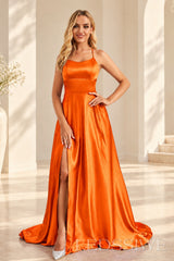 Orange satin a-line prom dress with lace-up open back and slit