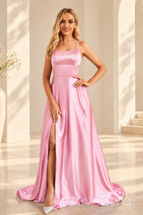 Pink satin a-line prom dress with lace-up open back and slit