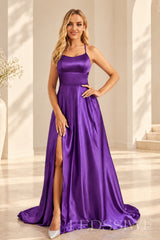 Purple satin a-line prom dress with lace-up open back and slit