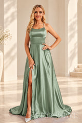 Sage satin a-line prom dress with lace-up open back and slit
