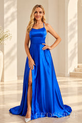 Royal-Blue satin a-line prom dress with lace-up open back and slit front view