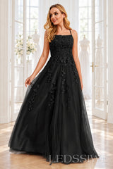 Black tulle a-line prom dress with lace appliqués and lace-up back