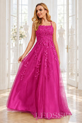 Fuchsia tulle a-line prom dress with lace appliqués and lace-up back