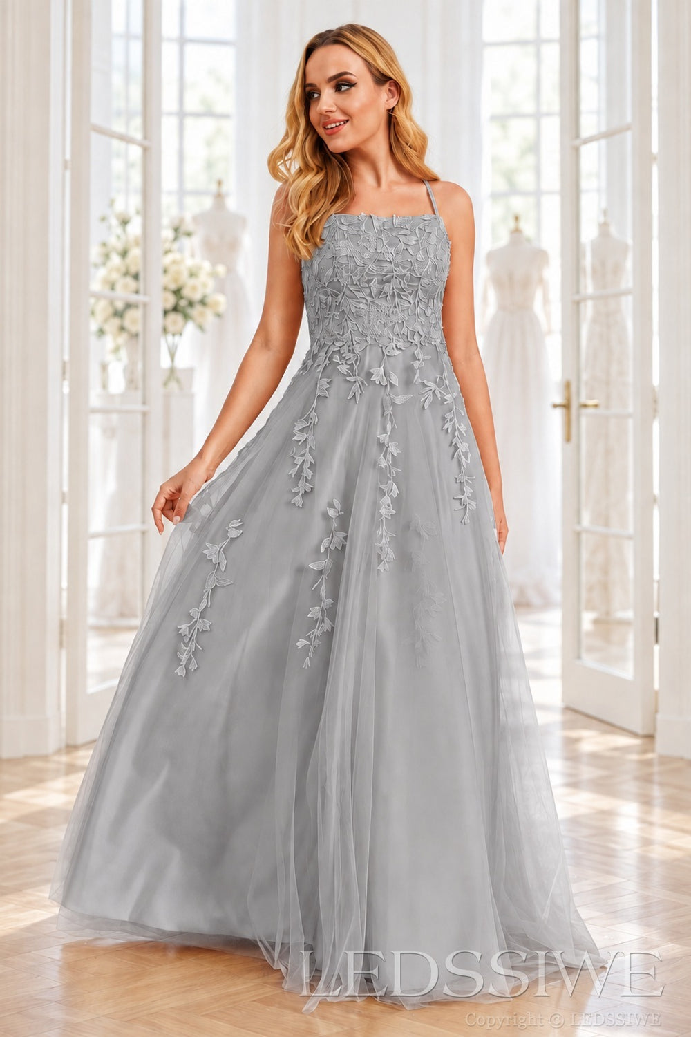 Grey tulle a-line prom dress with lace appliqués and lace-up back