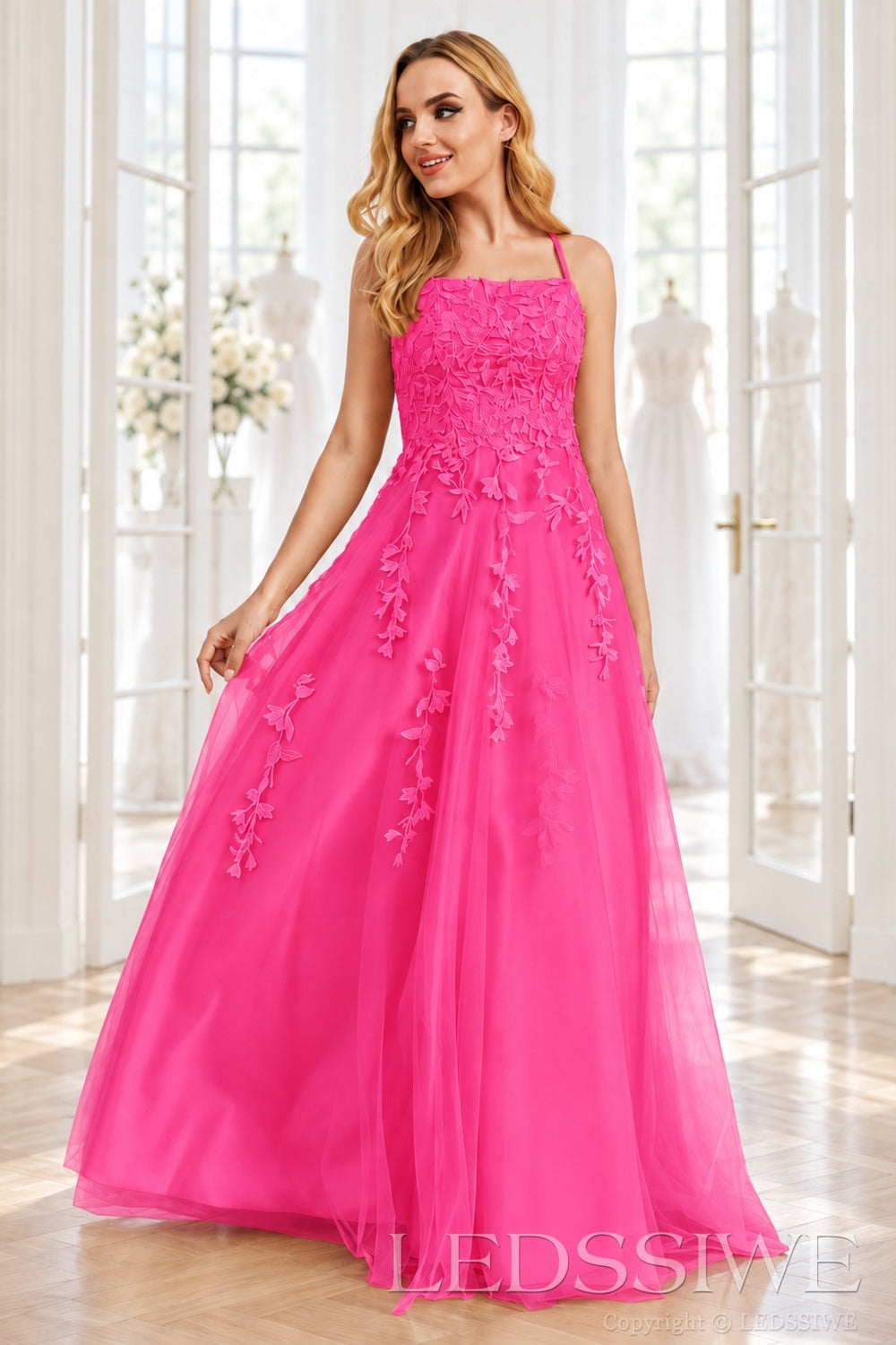 Hot-Pink tulle a-line prom dress with lace appliqués and lace-up back