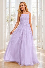 Lavender tulle a-line prom dress with lace appliqués and lace-up back