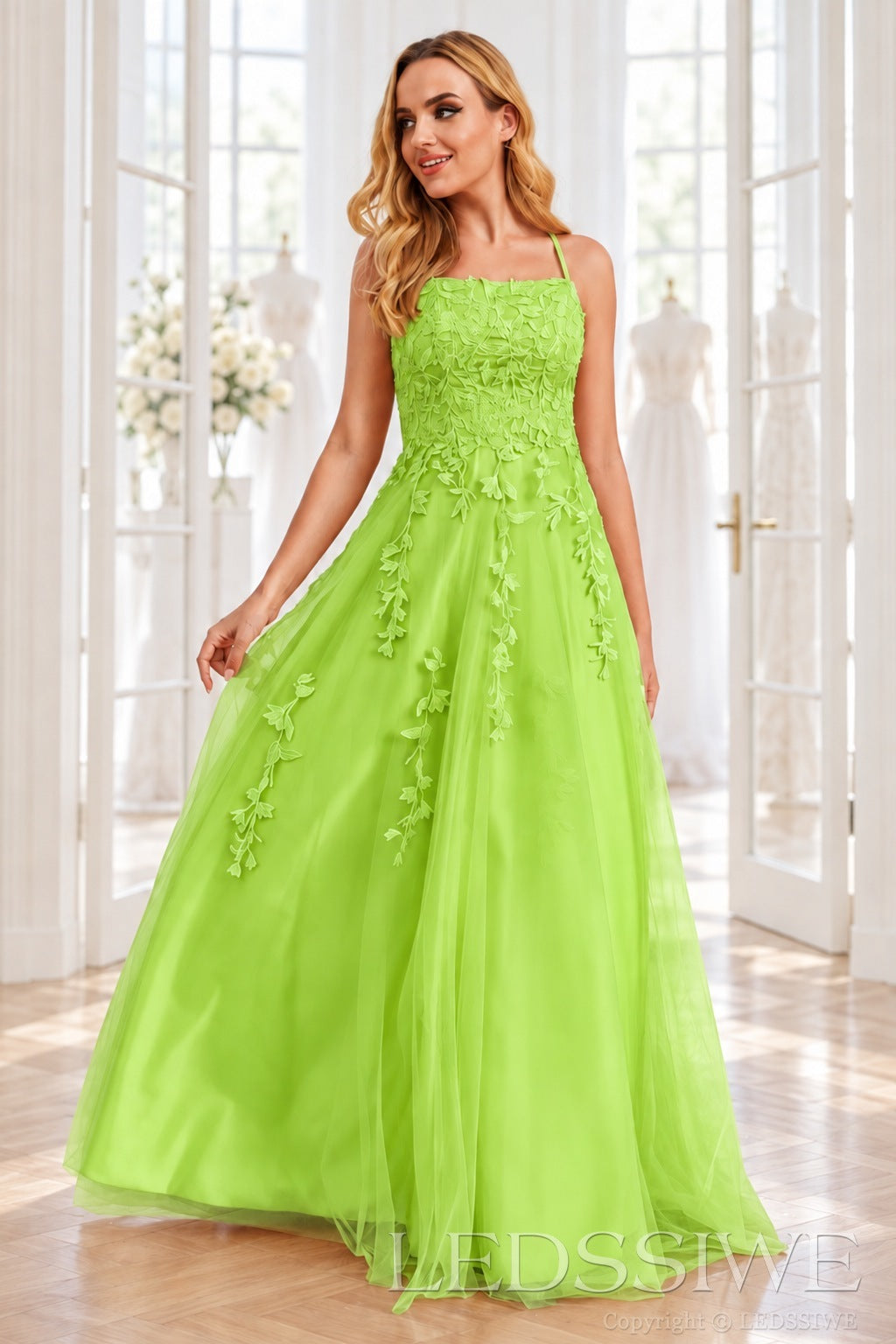 Lime-Green tulle a-line prom dress with lace appliqués and lace-up back