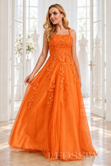 Orange tulle a-line prom dress with lace appliqués and lace-up back
