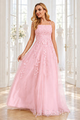 Pink tulle a-line prom dress with lace appliqués and lace-up back