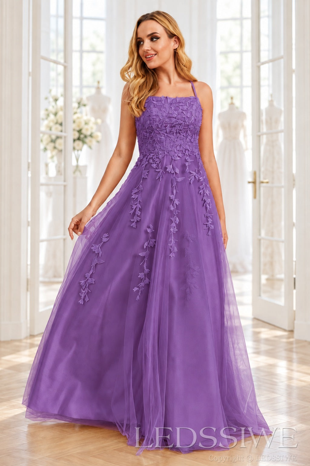 Purple tulle a-line prom dress with lace appliqués and lace-up back