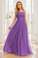 Purple tulle a-line prom dress with lace appliqués and lace-up back