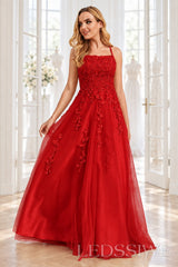 Red tulle a-line prom dress with lace appliqués and lace-up back