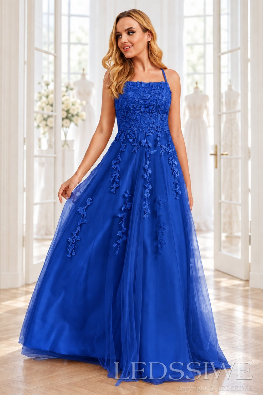 Royal-Blue tulle a-line prom dress with lace appliqués and lace-up back