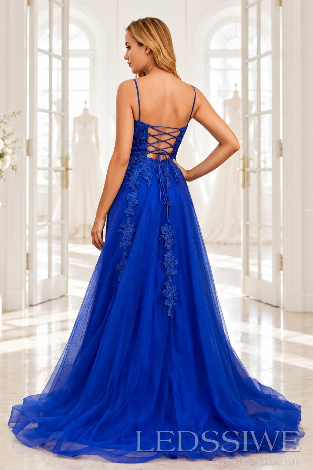 Royal-Blue v-neck tulle a-line prom dress with lace appliqués, slit and sweep train lace-up open back detail