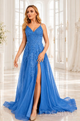 Blue v-neck tulle a-line prom dress with lace appliqués, slit and sweep train
