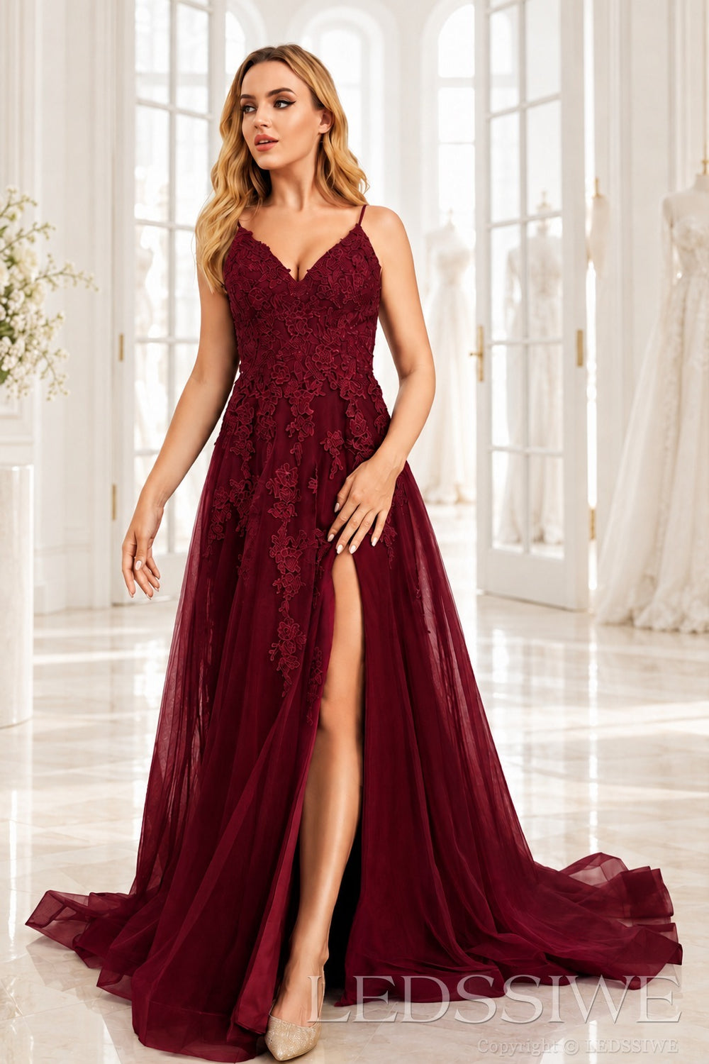 Burgundy v-neck tulle a-line prom dress with lace appliqués, slit and sweep train