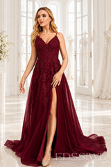 Burgundy v-neck tulle a-line prom dress with lace appliqués, slit and sweep train