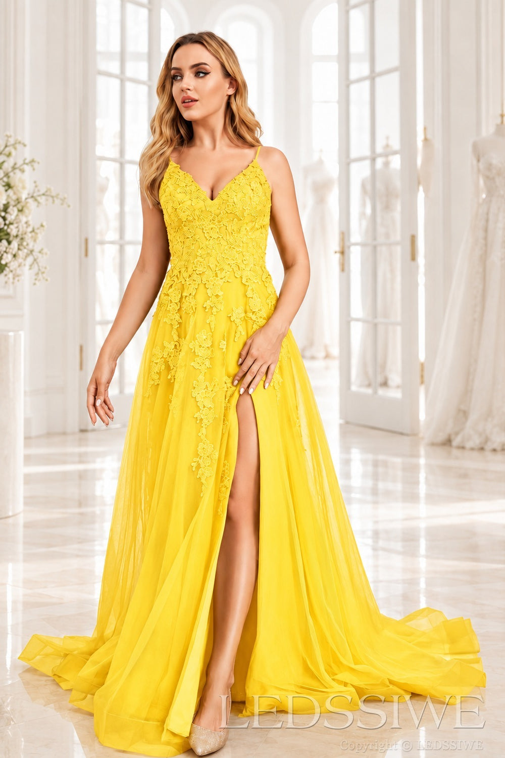 Daffodil v-neck tulle a-line prom dress with lace appliqués, slit and sweep train