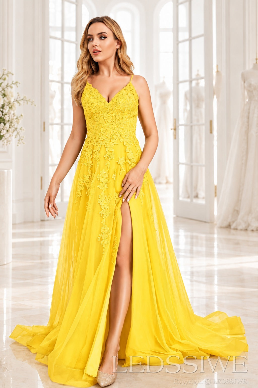 Daffodil v-neck tulle a-line prom dress with lace appliqués, slit and sweep train