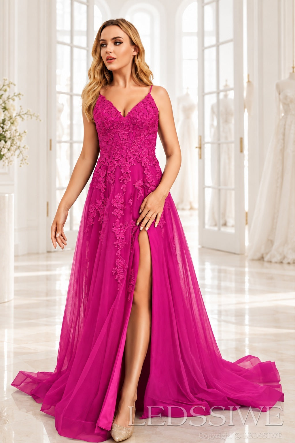 Fuchsia v-neck tulle a-line prom dress with lace appliqués, slit and sweep train