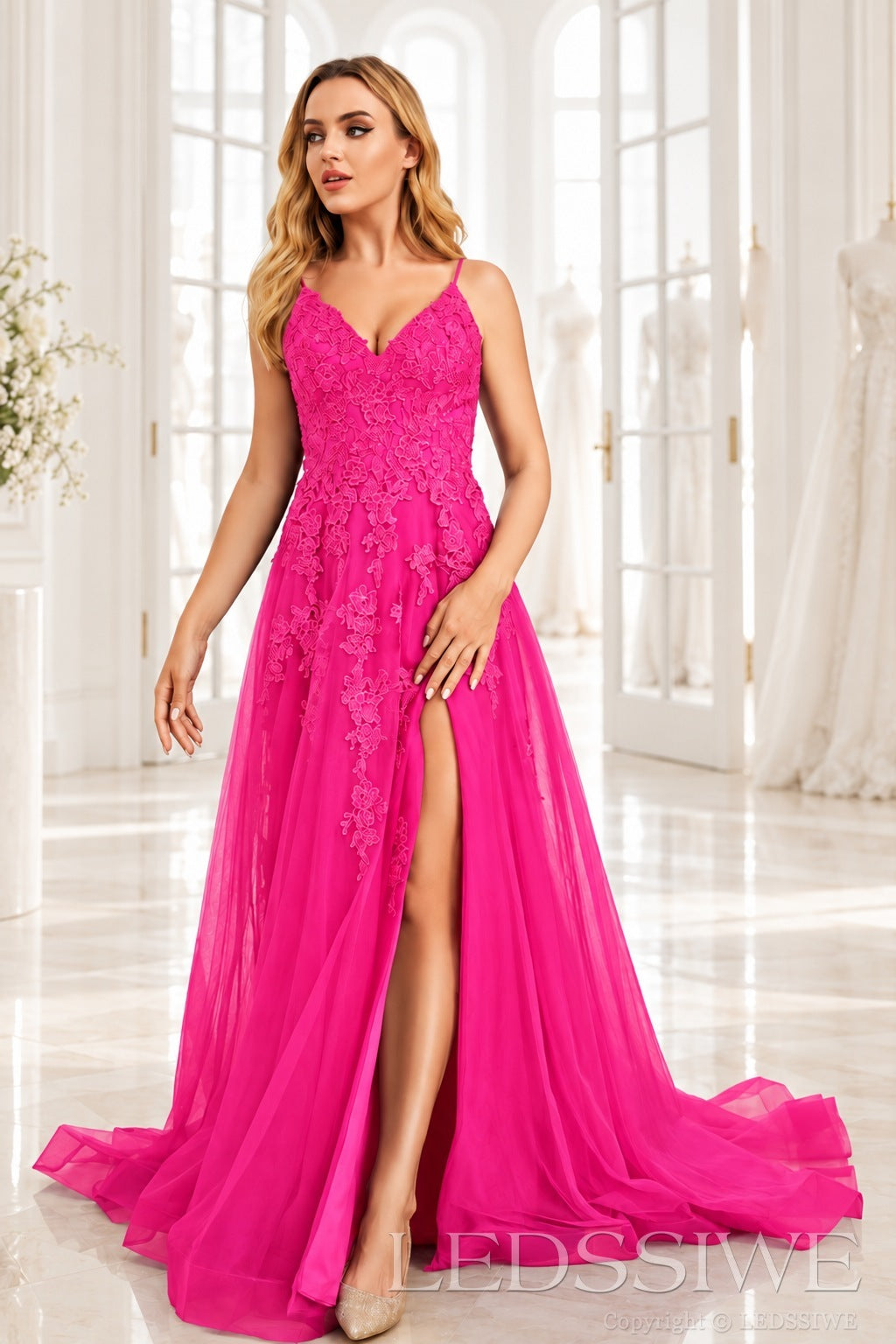 Hot-Pink v-neck tulle a-line prom dress with lace appliqués, slit and sweep train