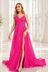 Hot-Pink v-neck tulle a-line prom dress with lace appliqués, slit and sweep train