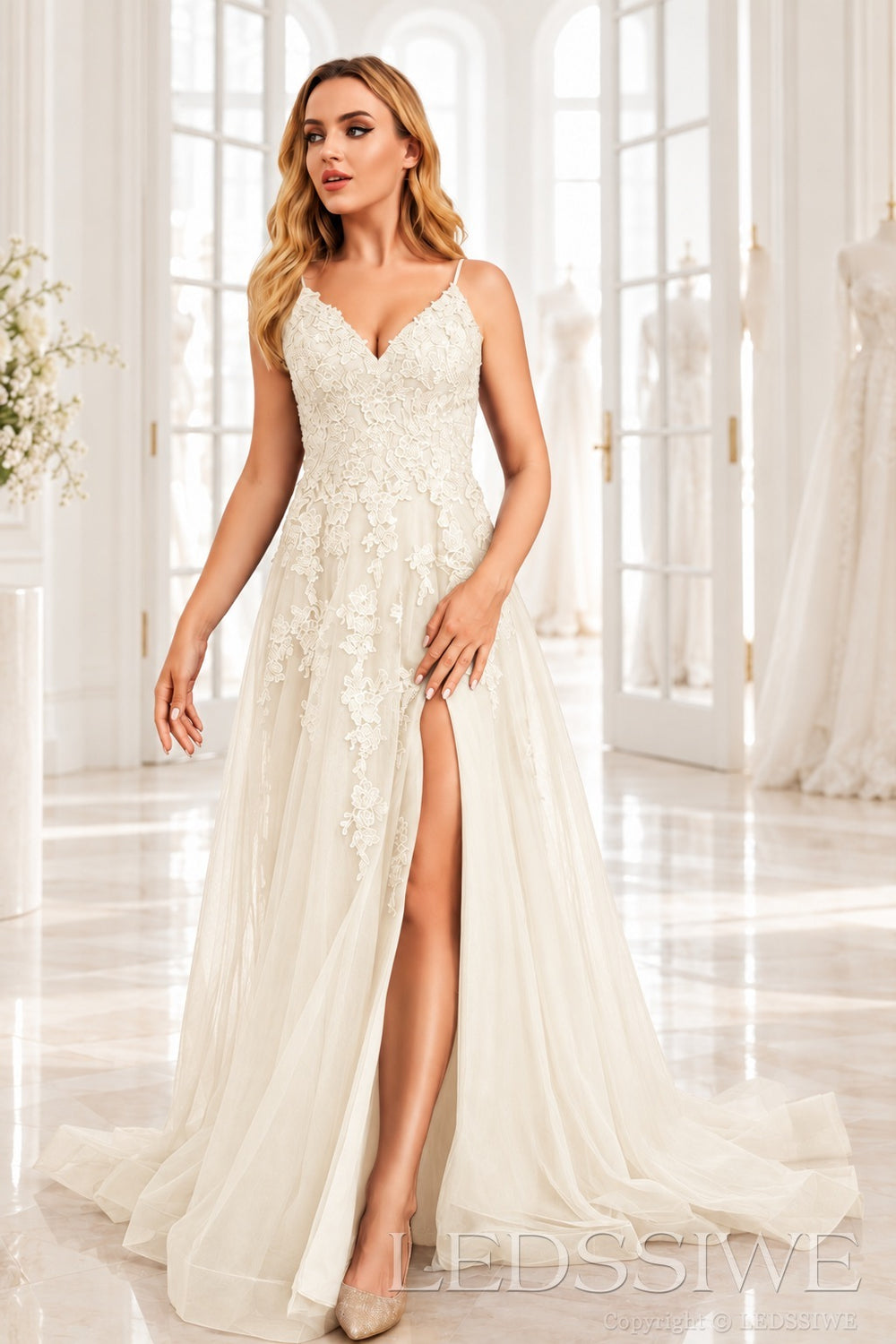 Ivory v-neck tulle a-line prom dress with lace appliqués, slit and sweep train