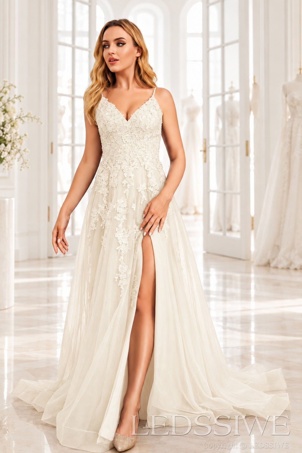 Ivory v-neck tulle a-line prom dress with lace appliqués, slit and sweep train
