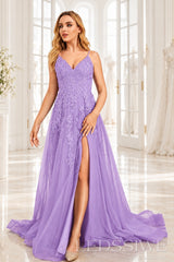 Lavender v-neck tulle a-line prom dress with lace appliqués, slit and sweep train