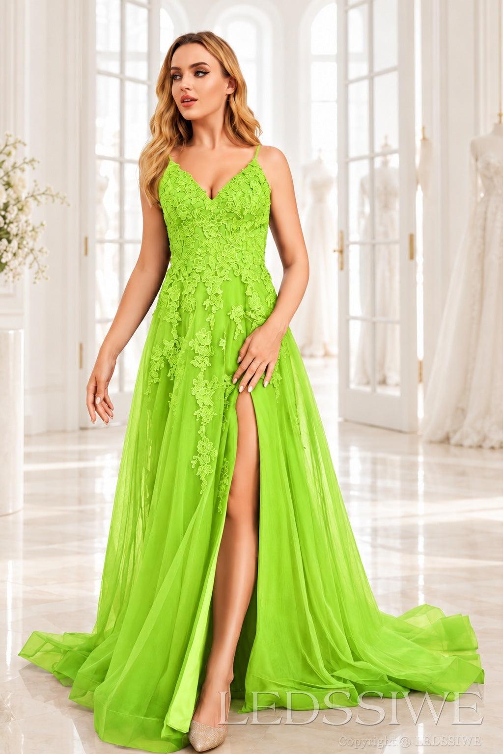 Lime-Green v-neck tulle a-line prom dress with lace appliqués, slit and sweep train