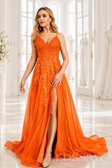 Orange v-neck tulle a-line prom dress with lace appliqués, slit and sweep train