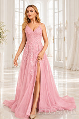 Pink v-neck tulle a-line prom dress with lace appliqués, slit and sweep train