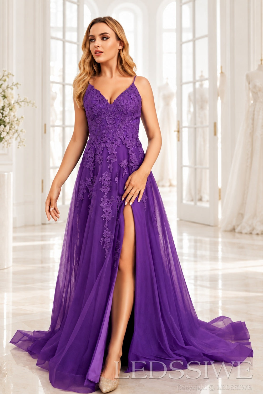 Purple v-neck tulle a-line prom dress with lace appliqués, slit and sweep train