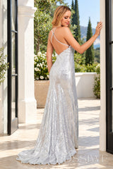 Silver halter v-neck sequin sheath prom dress with sweep train open back detail