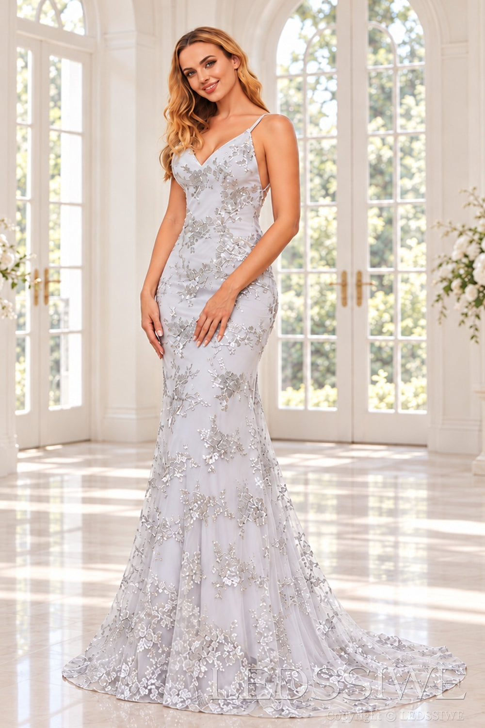 Grey sequin lace appliqué trumpet prom dress with sweep train front view