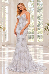 Grey sequin lace appliqué trumpet prom dress with sweep train front view